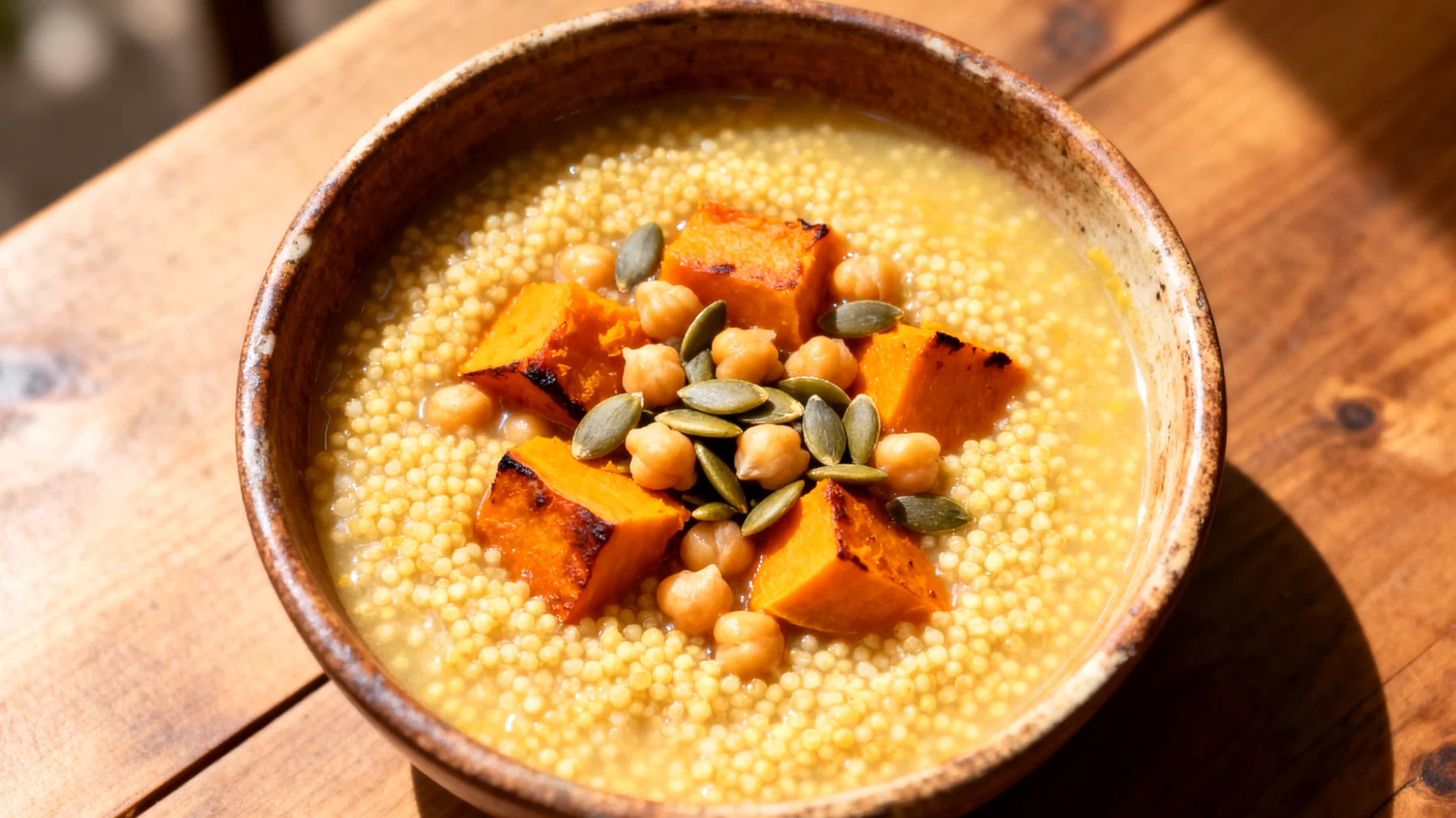 Zuppa di miglio con zucca, ceci e semi di zucca"